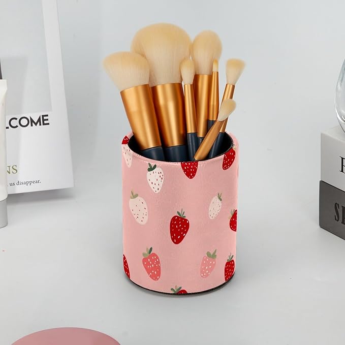 Leather Pen Holder for Desk Strawberries Pencil Cup Desktop Organizer Makeup - Image 6