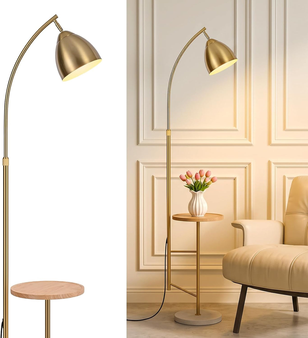 Brushed Gold Standing Lamp with Table, Adjustable Head,Bulb Included