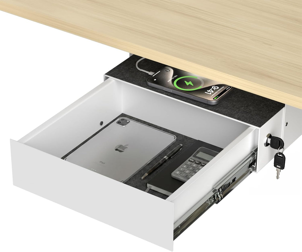 Under Desk Drawer with Lock, 13 Inch Slide-Out Metal Storage Drawer with Brac...