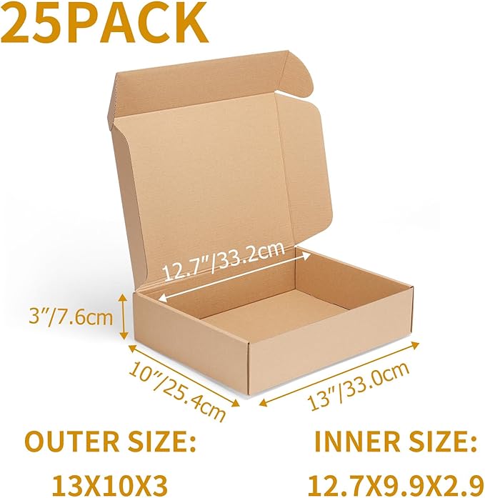 PHAREGE 13x10x3 inch Shipping Boxes Bulk 25 Pack Brown, Tab Lock Tuck Top - Image 2