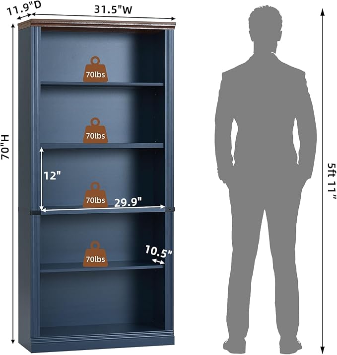 RWYHG 70" Blue Tall Bookshelf Set of 2, 5-Tier Thick Wooden Book Shelf - Image 2