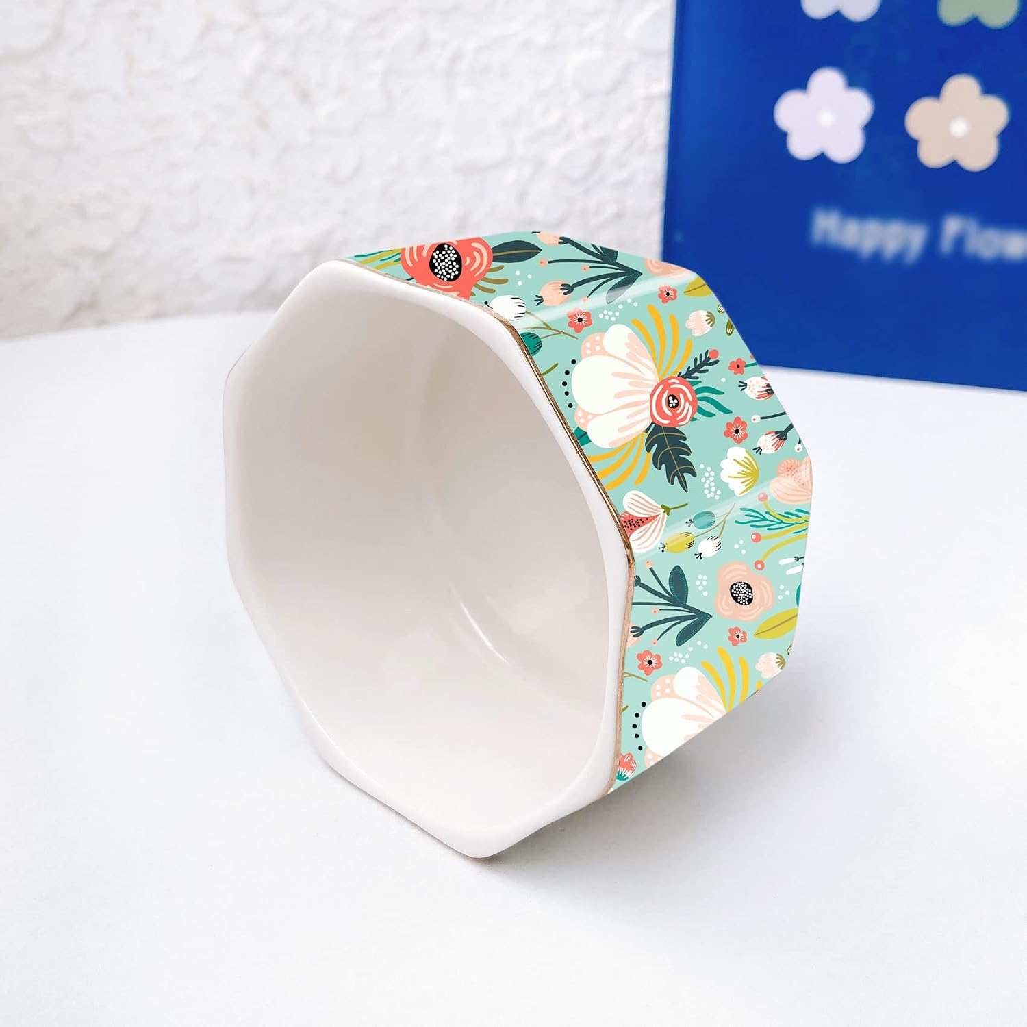Ceramic Paper Clip Holder Gold Line Paper Clip Dispenser Organizer for Desk Cute Floral Pattern Office Binder Clip Holder Bobby Pin and Hair Clip Holder Gift for Office Mint Flowers