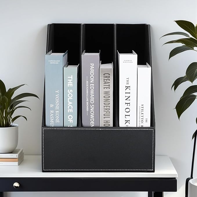 KINGFOM Desktop Wooden Leatherette Magazine File Holder-Organizer-3 Compartment - Image 2