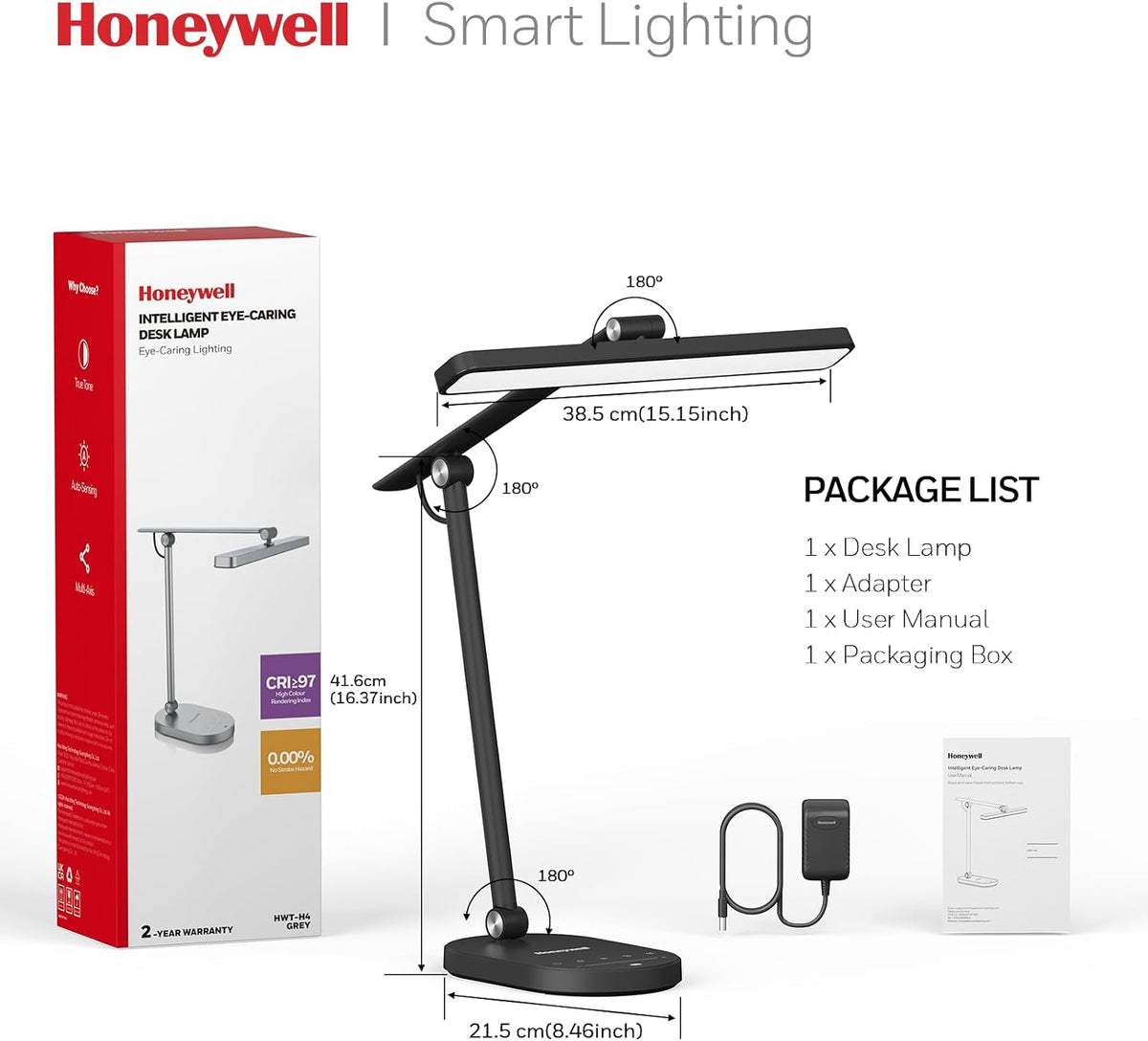 honeywell hwt-h4 led desk lamp, eye-caring, dimmable, auto, front angle view