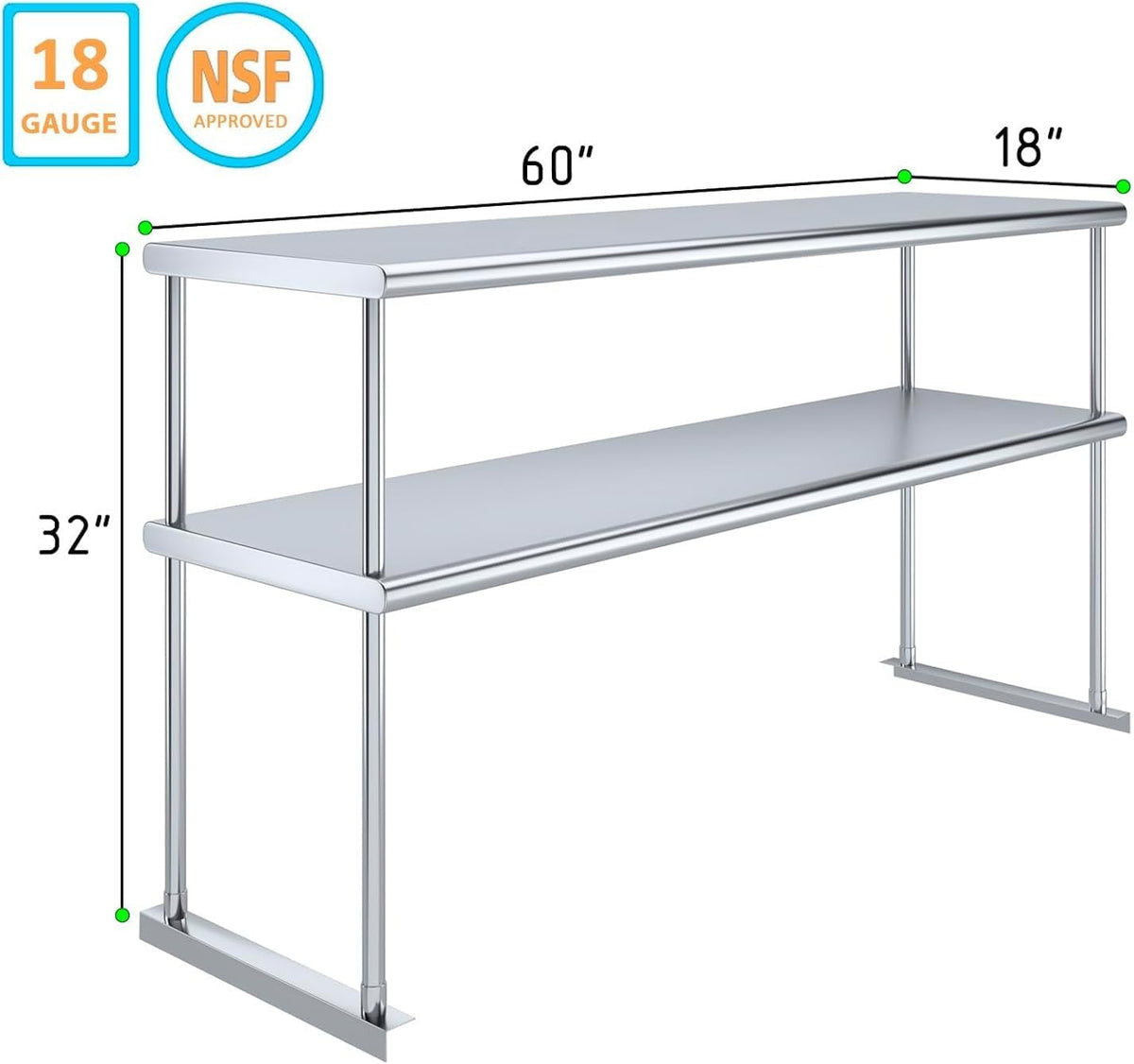 60" x 18" Stainless Double Overshelf, 140 lb/Shelf - Express KitchQ...