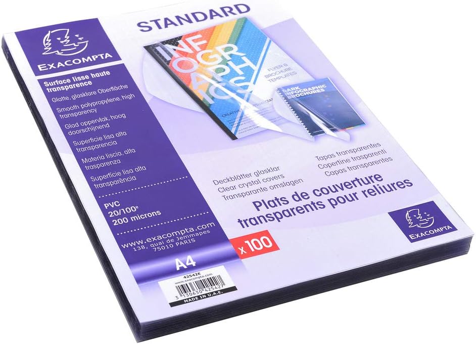 Exacompta - Ref 42542E - PVC Transparent Covers for Presentation Binders - Suitable for Storing A4 Documents, 0.2mm Thick Material - Clear (Pack of 100)