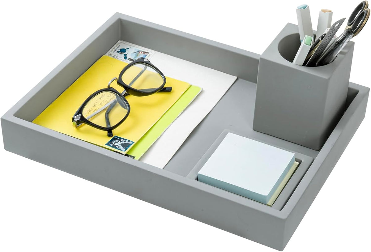 MyGift 3 pcs Set Modern Gray Concrete Desk Organizer Trays, Desktop Office Pa...