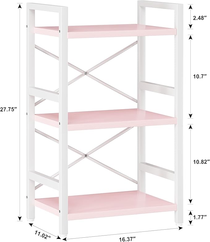 Homeiju Pink Bookshelf, 3 Tier Industrial Bookcase, Metal Small Bookcase - Image 3