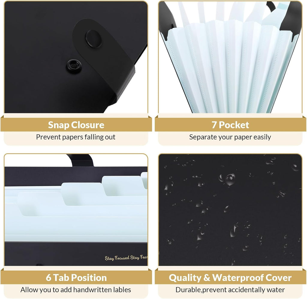 SKYDUE 7-Pocket Expanding File Folder, Accordion Document Organizer | Professional Portable Paper Receipt Holder with Labels for Office Home Business, Letter/A4 Size Black