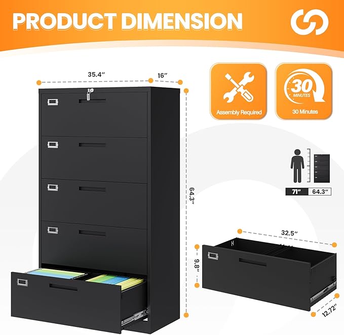 AFAIF 5 Drawer File Cabinets for Home Office, Metal Filing Cabinet - Image 3
