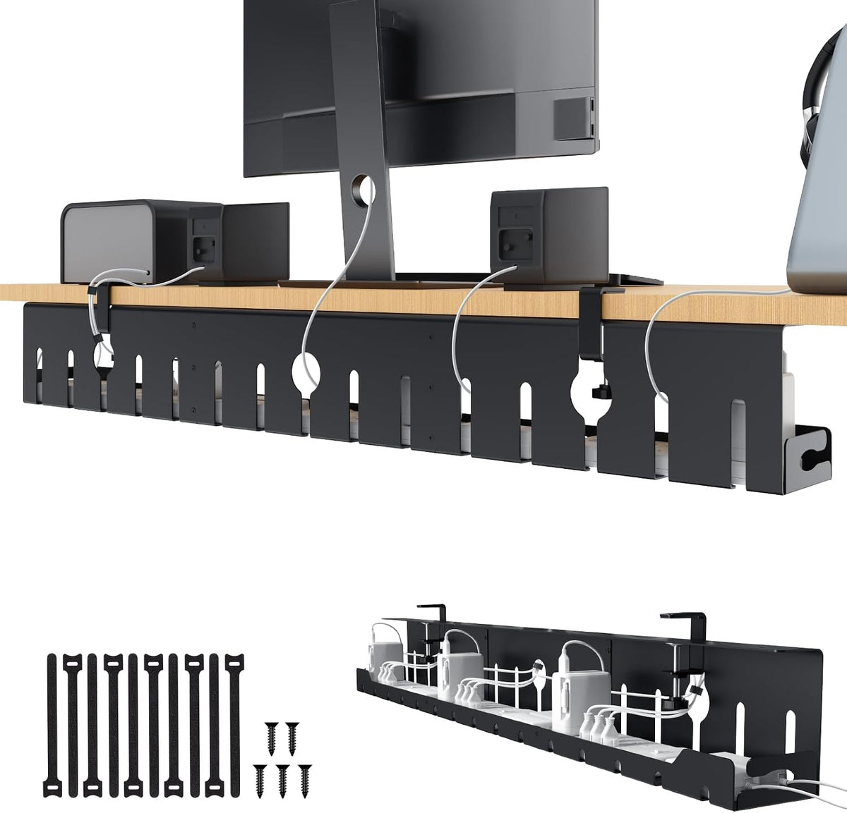 KEEGH Under Desk Cable Management Tray 48 in, Large Cord Hider, Black