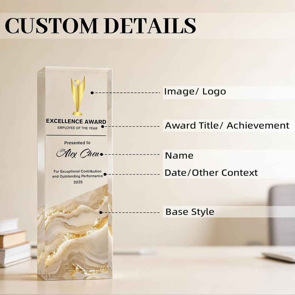 Custom Trophy with Logo/Text, Crystal-Clear Award Trophy – Modern Recognition Personalized Plaque for Office Excellence, Team Achievement & Competition Winners – Freestanding Corporate Bulk Appreciation Award