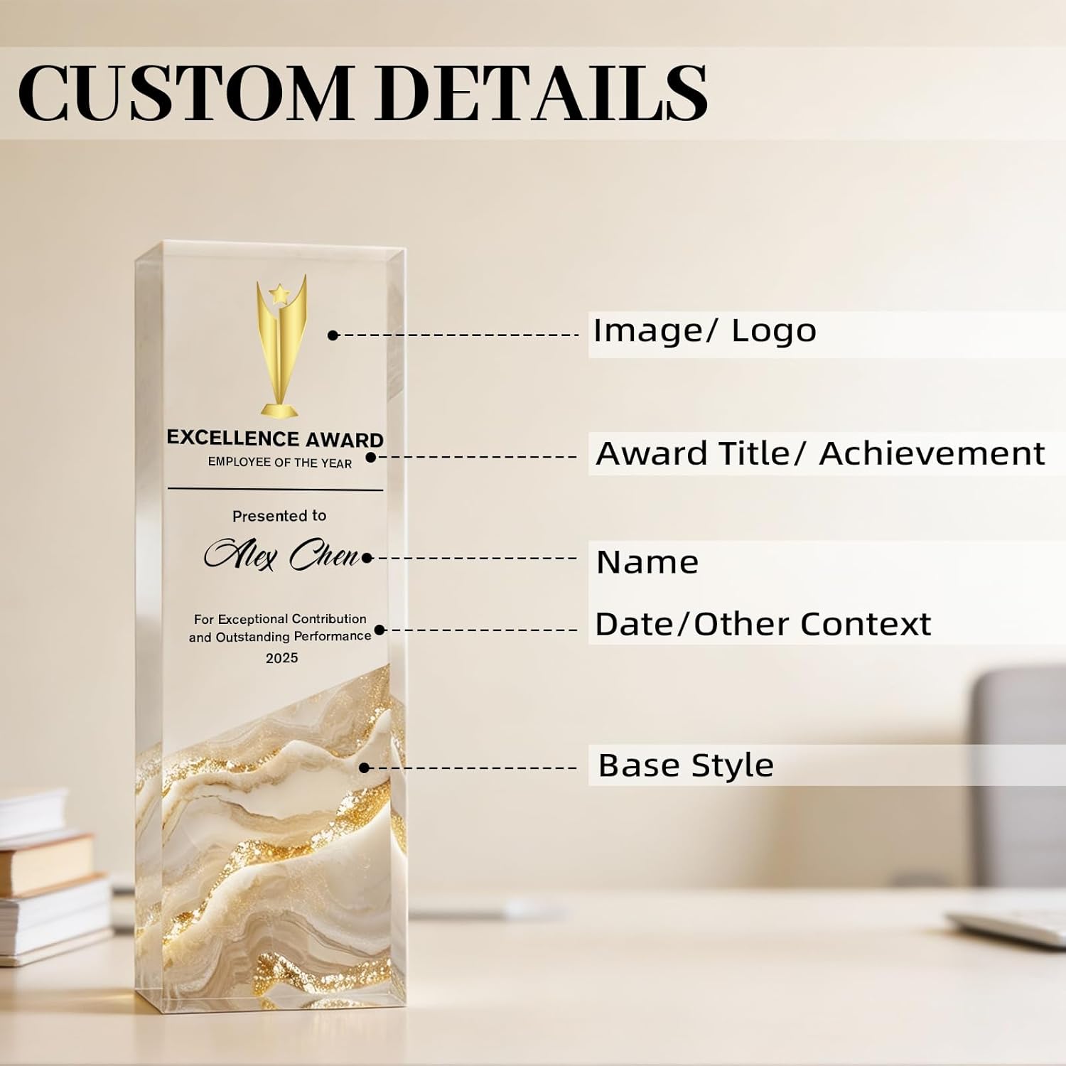 Custom Trophy with Logo/Text, Crystal-Clear Award Trophy – Modern Recognition Personalized Plaque for Office Excellence, Team Achievement & Competition Winners – Freestanding Corporate Bulk Appreciation Award
