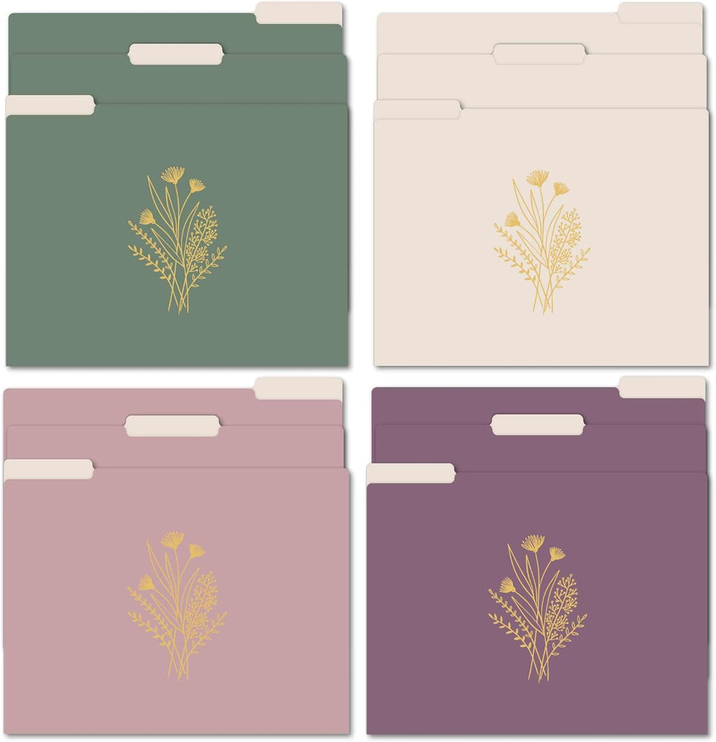 bloom daily planners Decorative File Folders - Set of 12 Letter Size (8.5” x 11”) Organizers, 1/3 Cut Tabs - Aesthetic Folders for School & Office - Gold Foil Florals