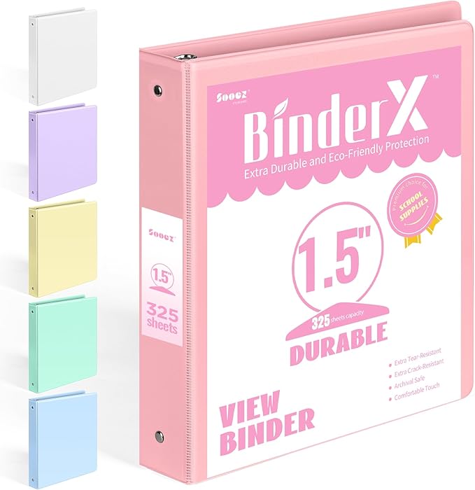BinderX Extra Durable 1.5 Ring Binder, Round Ring 1.5 Inch Binders, Fits 325 by Sooez