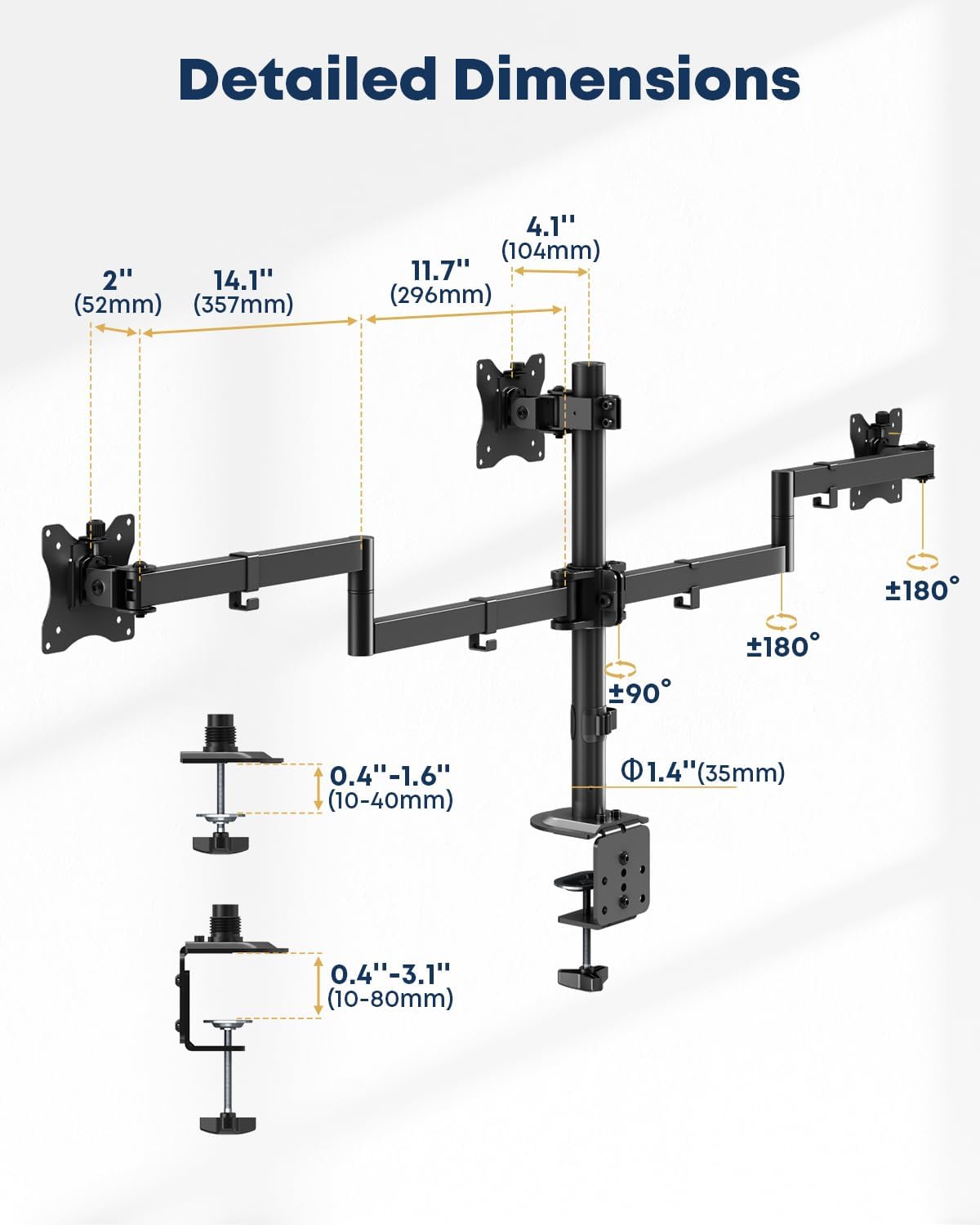 Triple Monitor Desk Mount for 13-27 Inch Screens, VESA 75/100