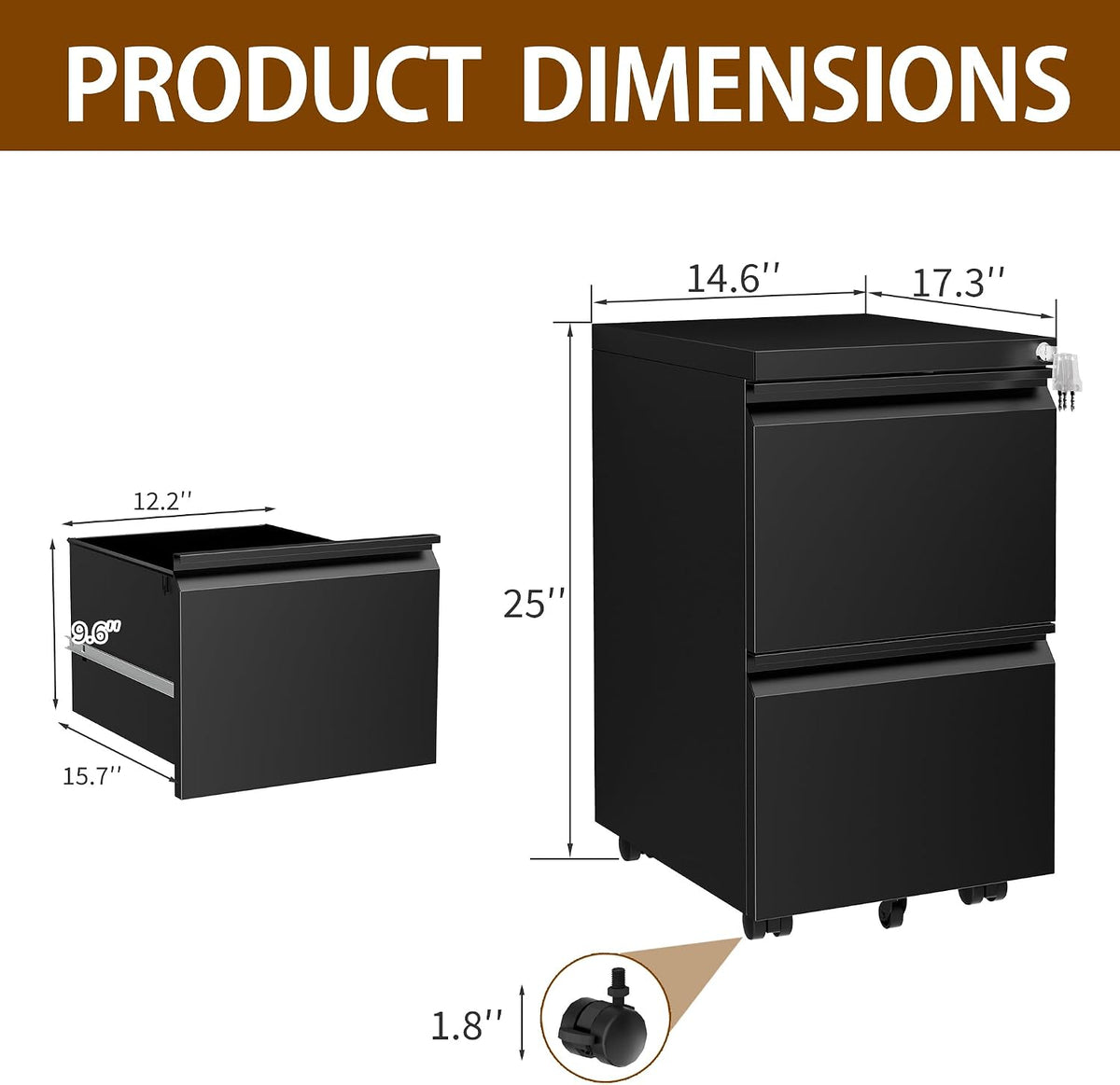 2 Drawer Metal Mobile File Cabinet with Lock and 4 Keys