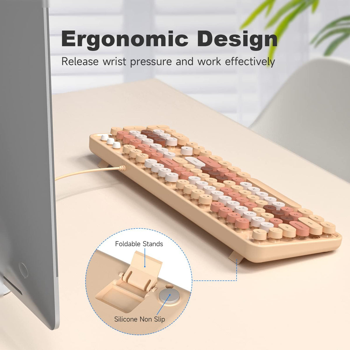 KNOWSQT Wired Computer Keyboard - Milk Tea Colorful Retro Full Size Round Key...