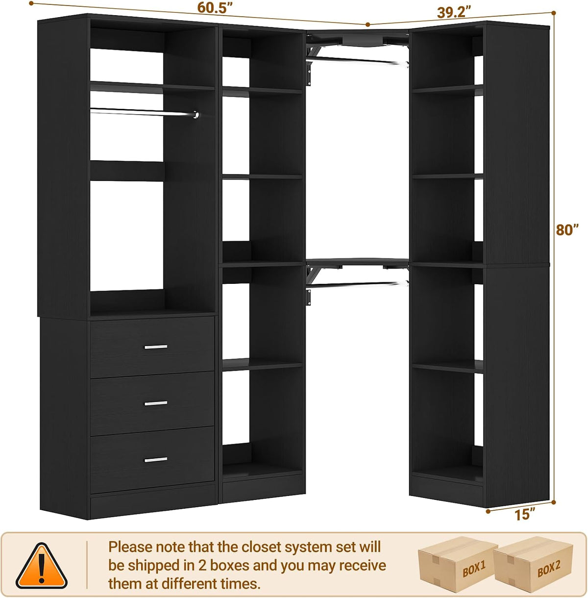 Besiost Corner Closet System with 3 Drawers, Corner Closet Organizer System