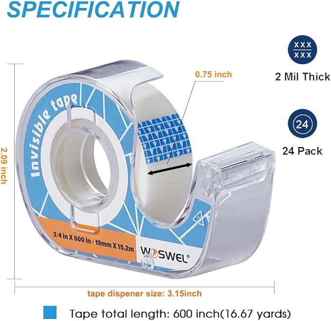 WOSWEL Tape Refills with Dispenser, 24 Roll Invisible Tapes, 3/4 Inch X 600 in - Image 2