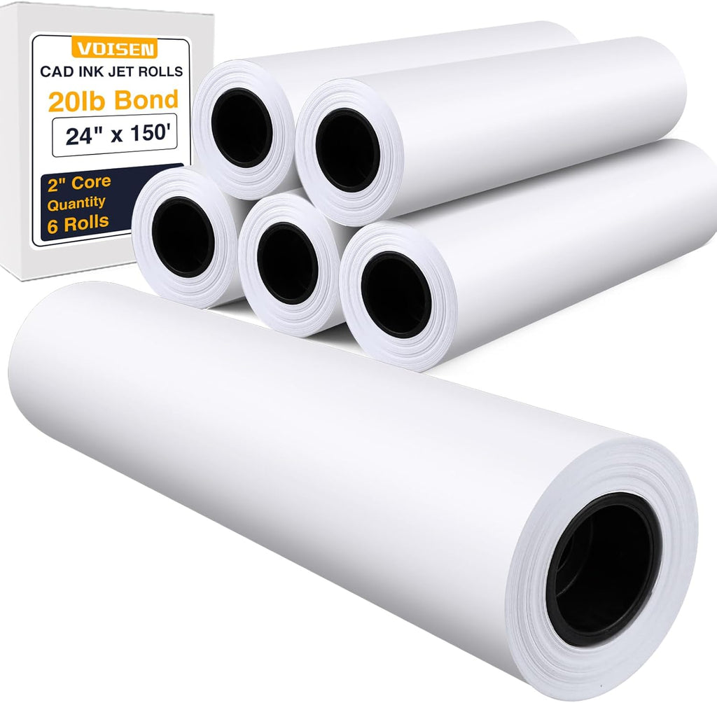 VOISEN Wide Format Paper,6 Rolls Plotter Paper 24 In x 150 Ft, CAD Bond Rolls,20lb,Bond Paper on 2" Core for CAD Printing on Wide Format Ink Jet Printers