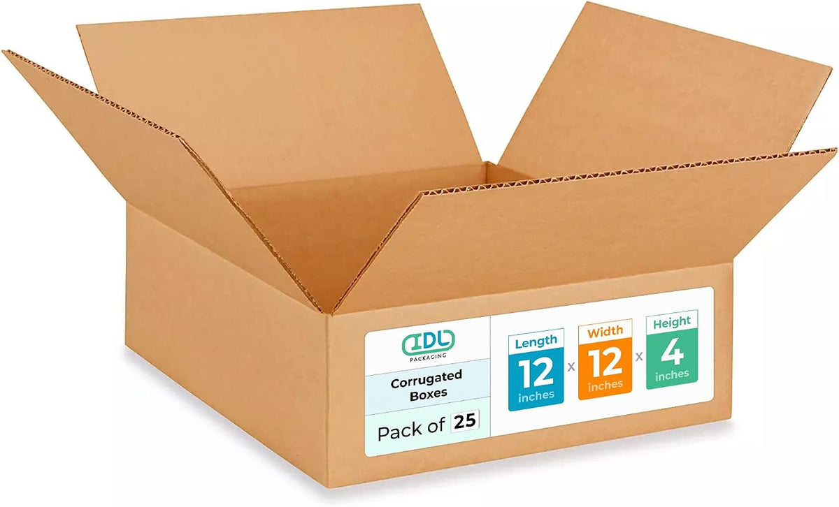 IDL Packaging-B-12124-25 Flat Corrugated Shipping Boxes 12"L x 12”W x 4"H