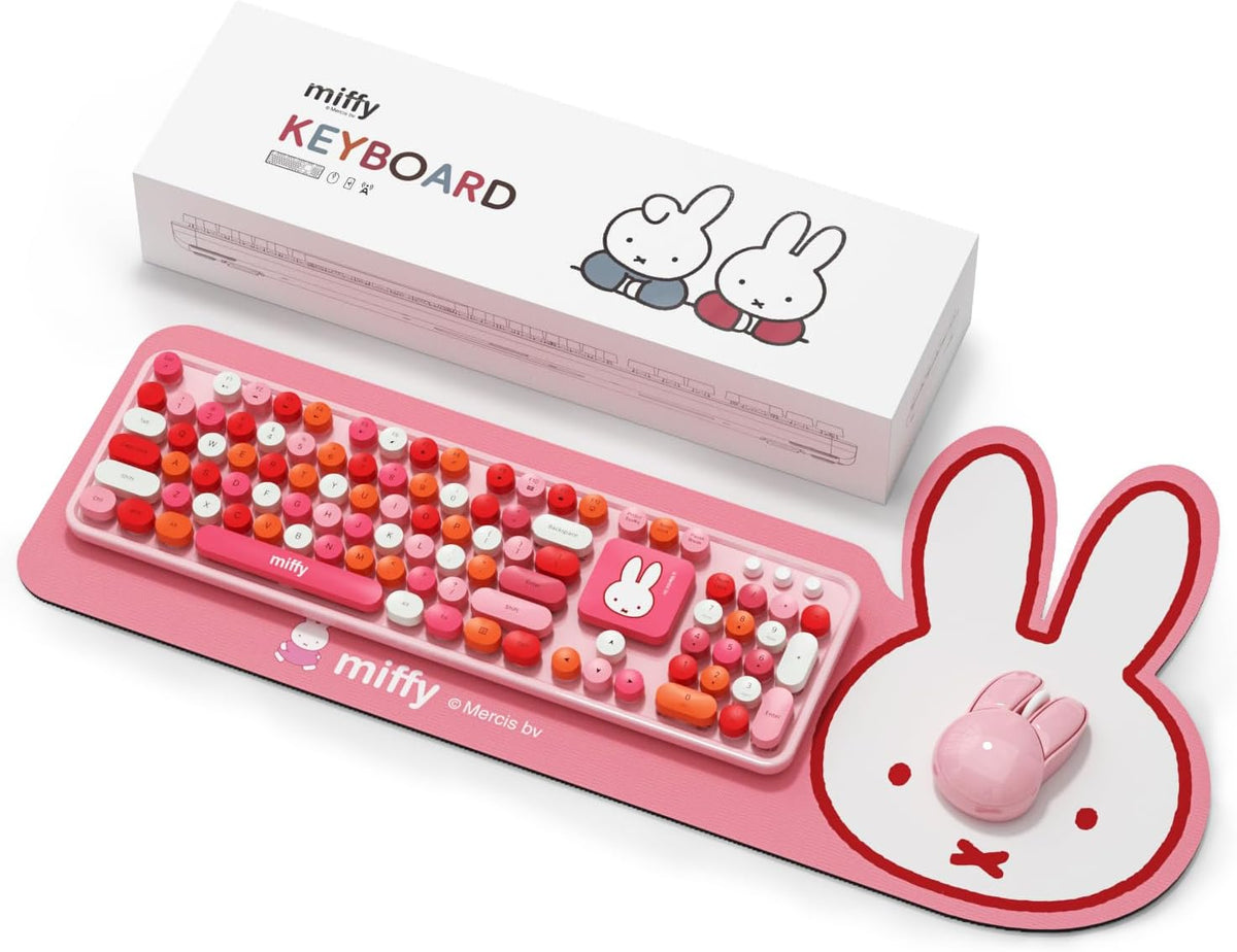 Miffy 104-Key Wireless Keyboard & Mouse Combo with Large Pink Desk Pad - ...
