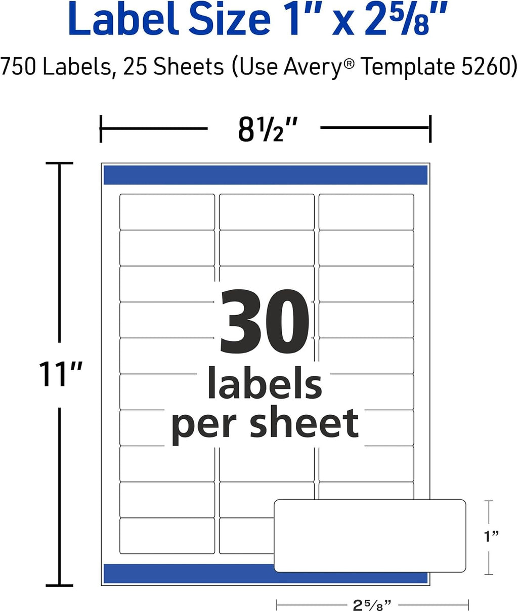 Avery Easy Peel Printable Address Labels with Sure Feed, 1" x 2-5/8" Customizable Stickers, White, 750 Blank Mailing Labels, Great for Mailing, Shipping, and More (5260)