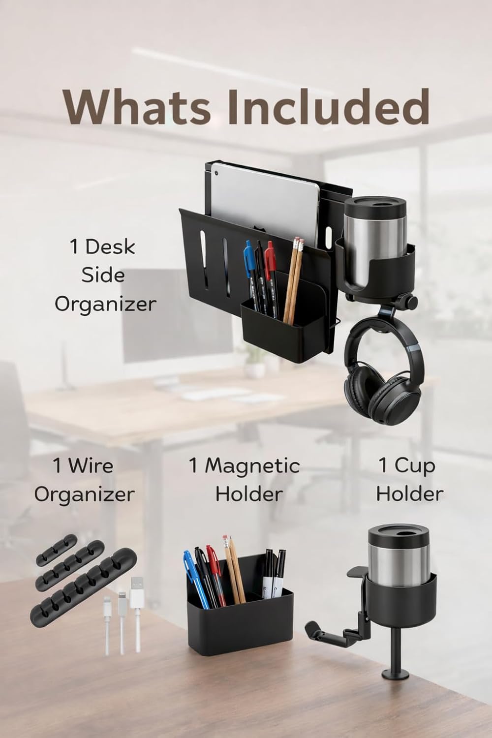 Desk Side Storage Organizer with Laptop Holder & Clamp Cup Holder, Hangin...