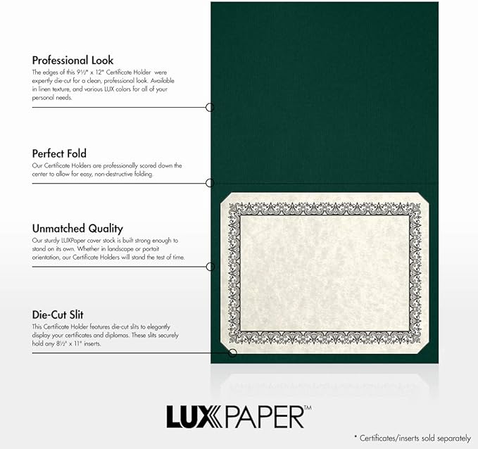 LUXPaper 9.5" x 12" Certificate Holders | Green Linen | 100lb. Cover | 250 Qty - Image 2