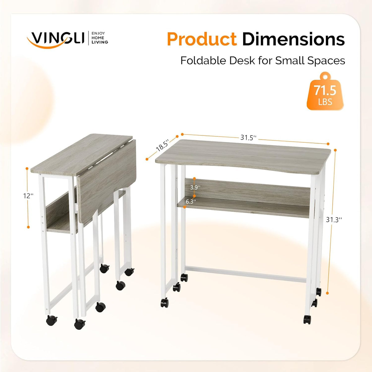 VINGLI 31.5 Inch Folding Computer Table, Small Rolling Desk with Storage Shel...