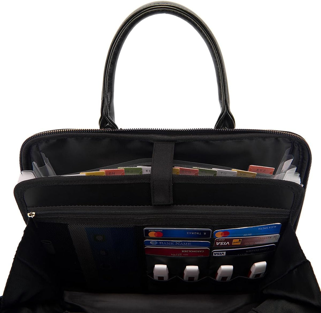 accordian file organizer tote,folder with zipper & labels,12 showing dimensions