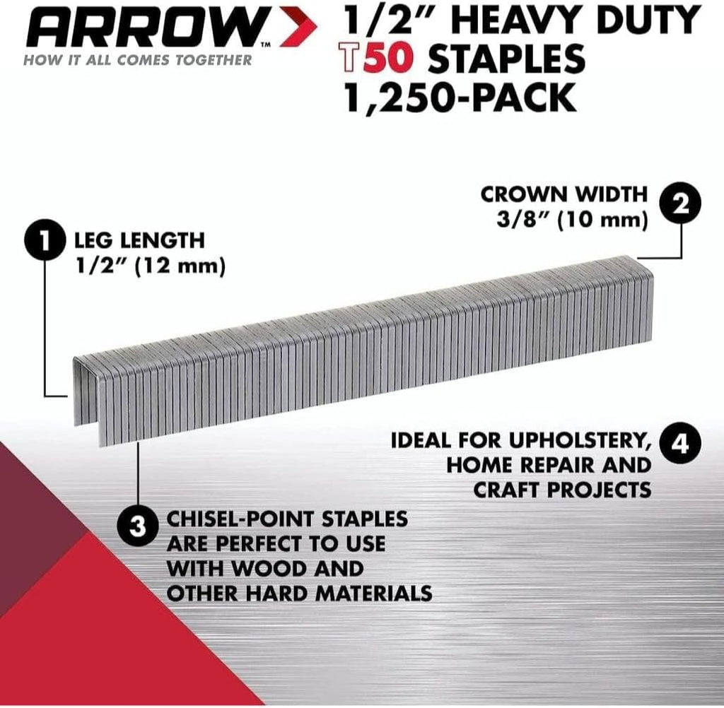 Arrow Fastener Heavy Duty Staples 508 - Flat Crown, Steel, T50 Stapler Compatible - 1/2", 24 Pack
