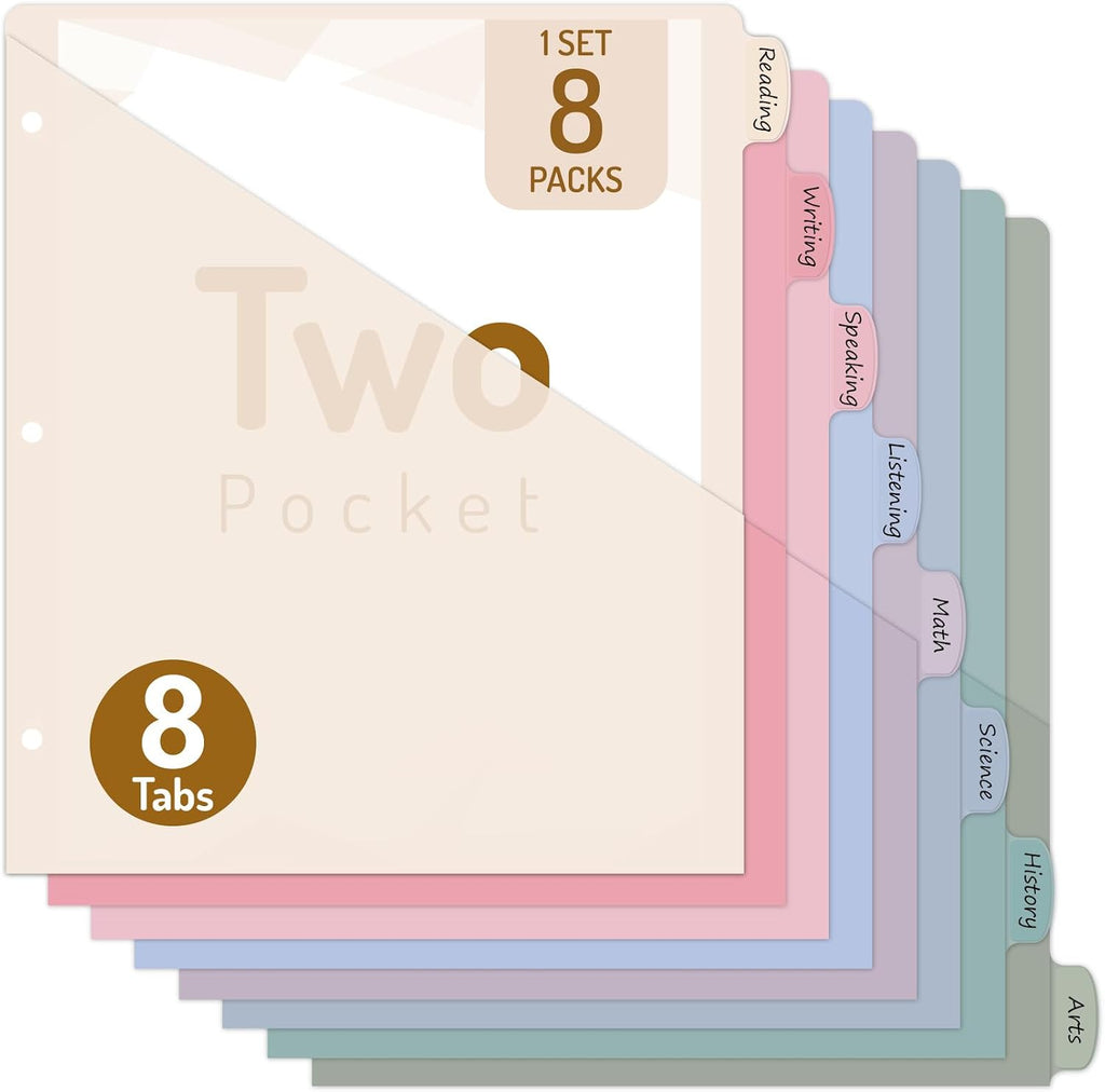 Forvencer 8 Counts Dividers with 2 Pockets, Binder Dividers with Tabs | 8 Tabs Binder Dividers for 3 Ring Binder, School Office Organization, Multicolor, Letter Size, 1 Set