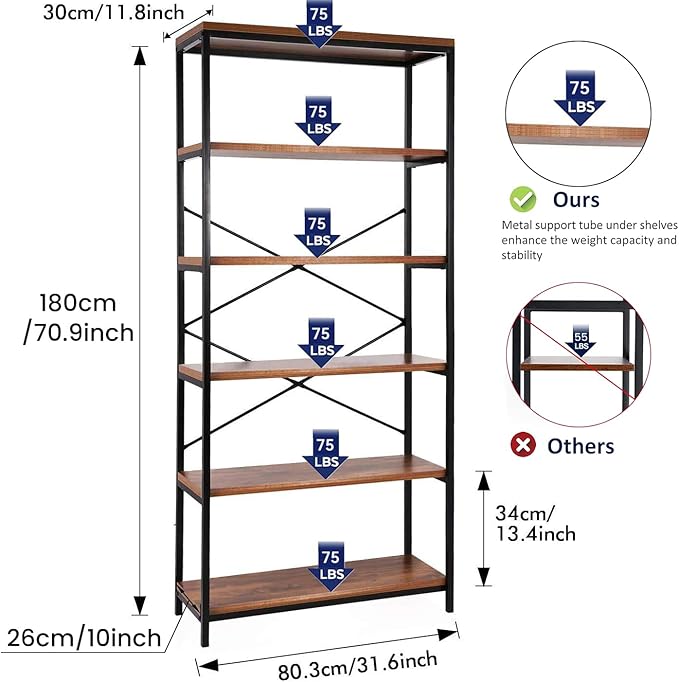 Himimi 6 Tier Industrial Bookshelf, Vintage Standing Storage Shelf, Display - Image 3