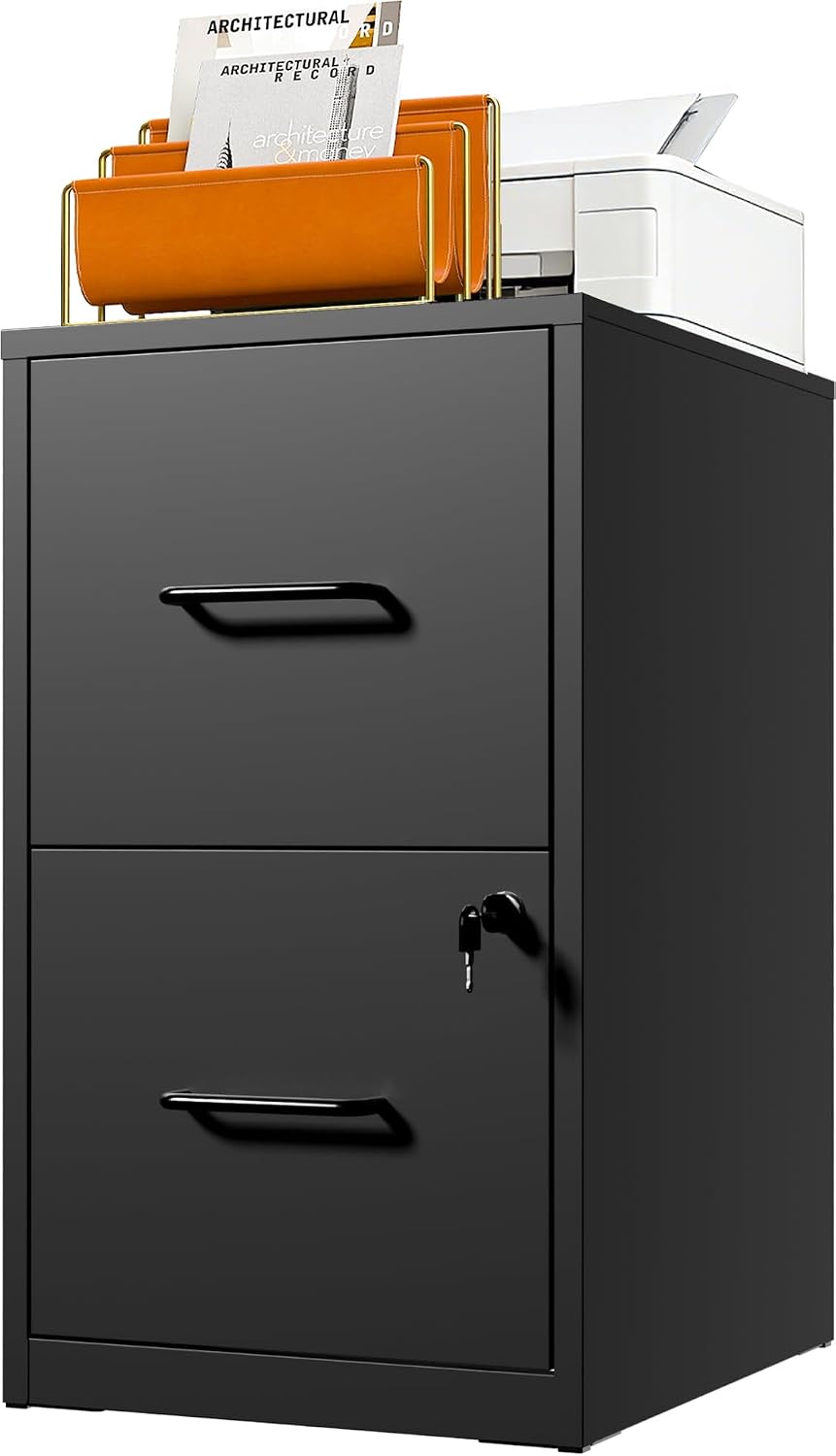 2 Drawer File Cabinet with Lock, Metal Vertical File Cabinets for Home Office, Office Furniture for Organization Hanging Legal/Letter/A4, Office File Cabinet Storage Cabinet, Require Assembly, Black | Black Steel Locking Vertical File Cabinet, Hanging