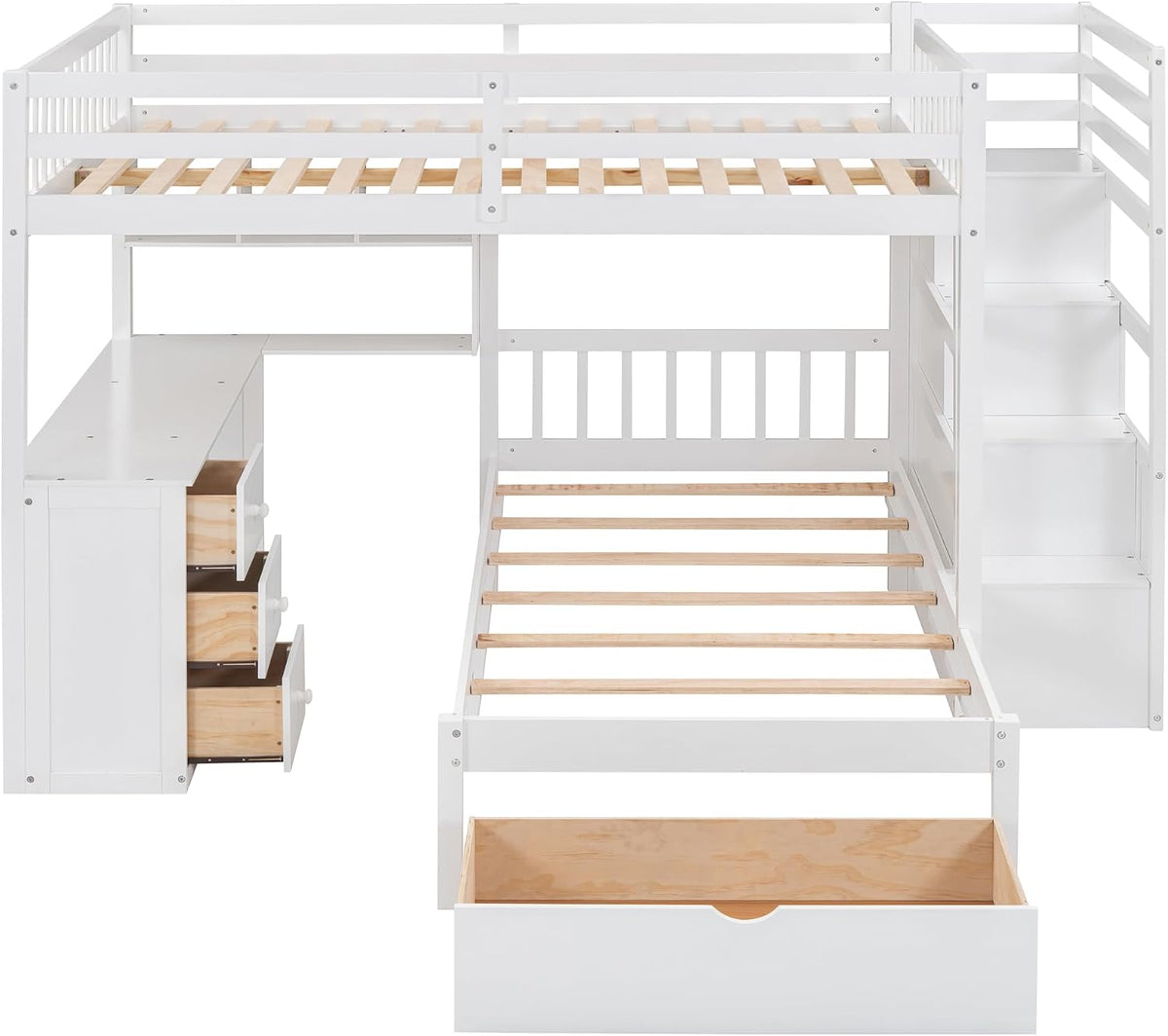 Merax Full Over Twin Bunk Bed with Desk, Drawers and Shelves, White