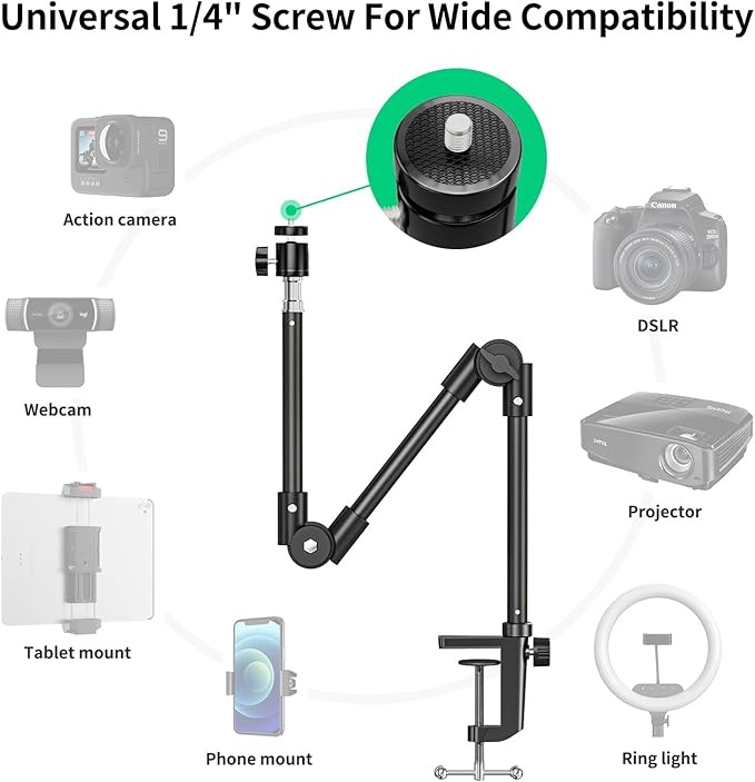 Webcam Stand Camera Mount with Phone Holder & 5/8" Screw, 22in Flexible - Image 4
