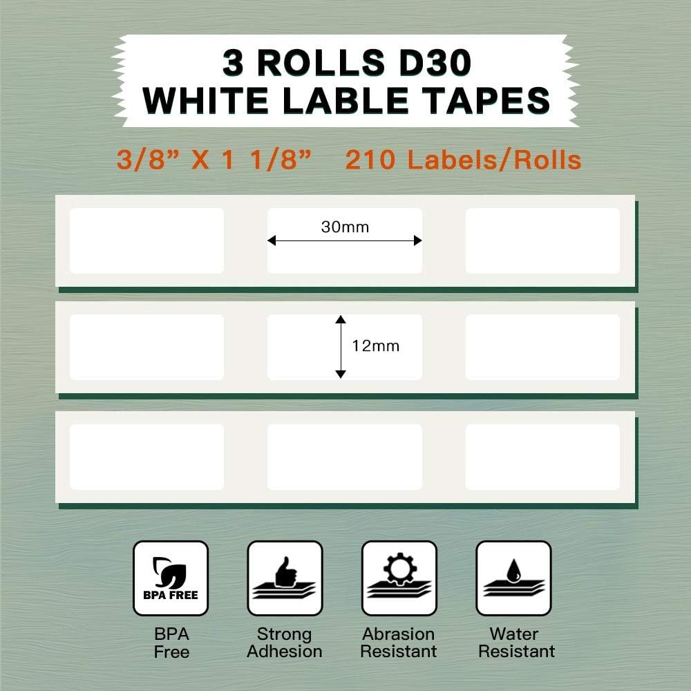 Phomemo Labels, D30/D30D Thermal Labels, 12mmX30mm Black On White, 3 Rolls | 0.47" x 1.18" D30D Waterproof Thermal Food Storage Stickers, BPA-Free Clean Tear for Home School Office Organization