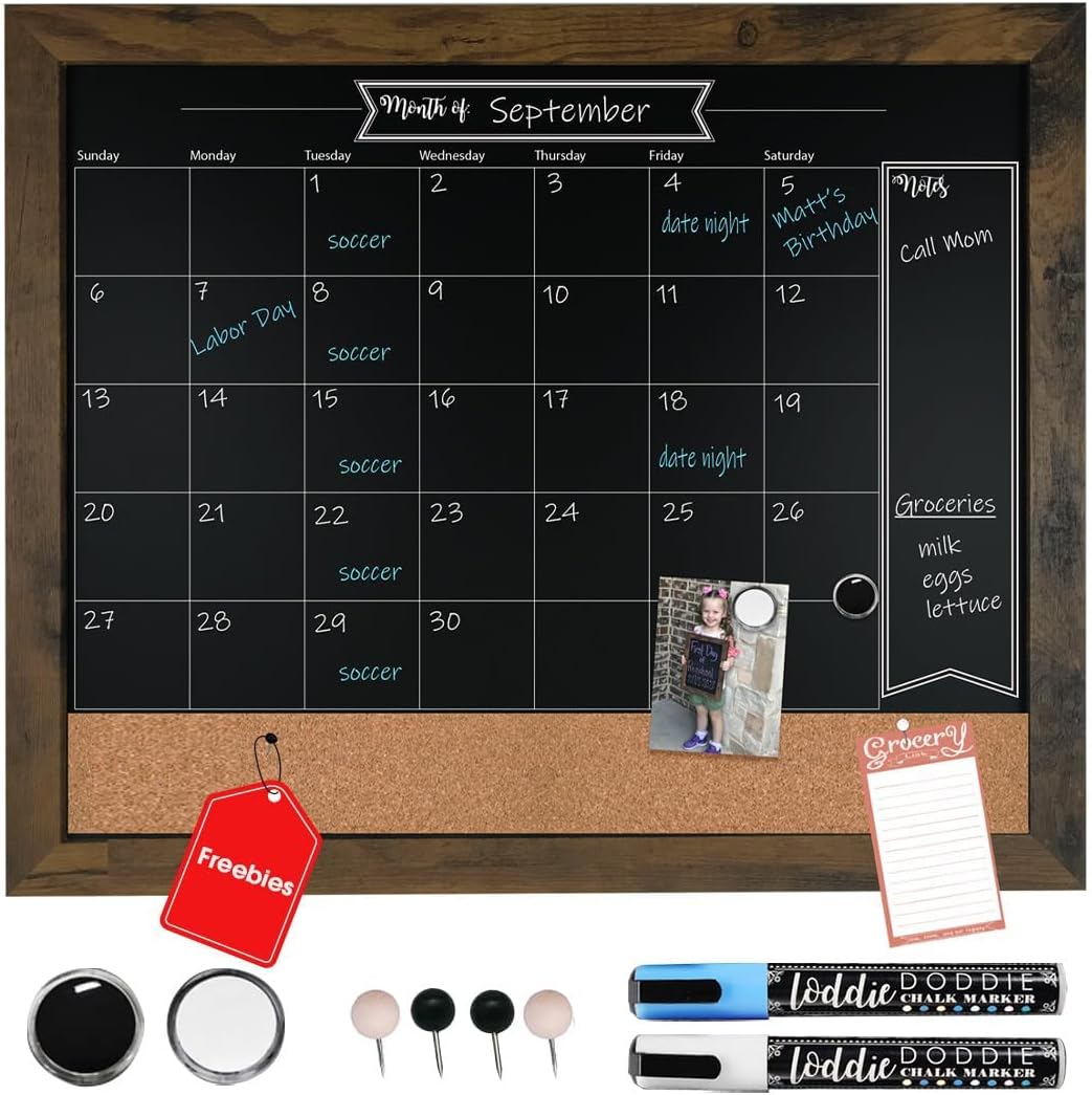 Loddie Doddie Framed Chalkboard Calendar, Menu Board for Kitchen, 24" x ...