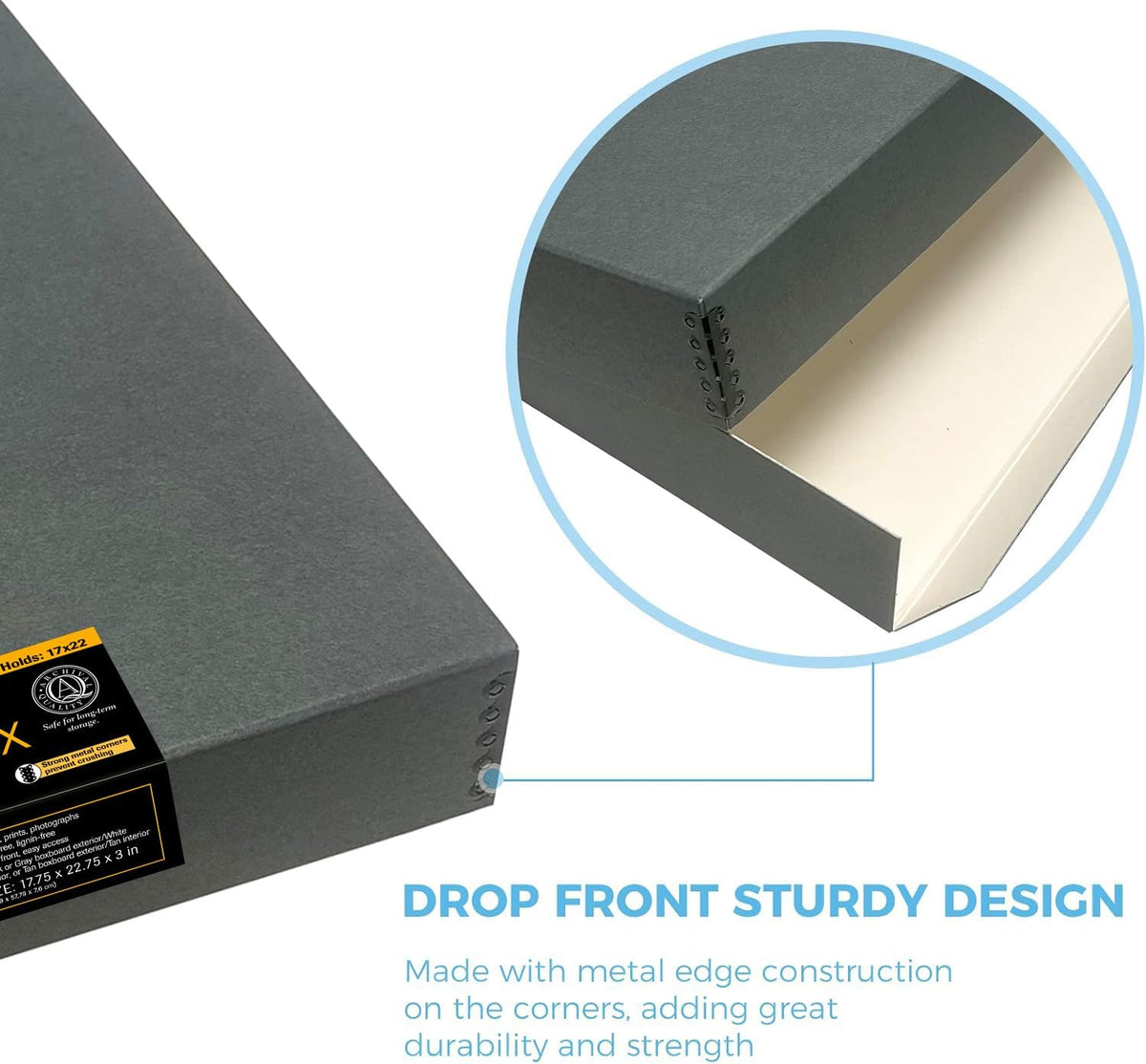 Lineco Museum Archival Storage Box, Drop Front, 17.75x22.75x3 in, Gray