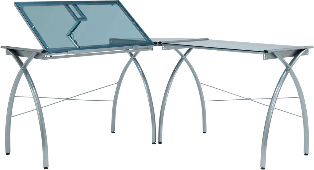 SD STUDIO DESIGNS Futura LS WorkCenter with Tilt Top Adjustable Drafting Table Craft Table Drawing Desk Hobby Table Writing Desk Studio Desk, Silver / Blue Glass