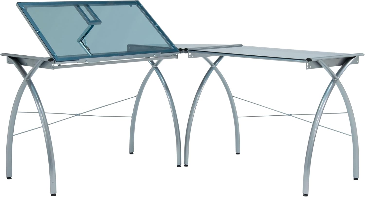 SD STUDIO DESIGNS Futura LS WorkCenter with Tilt Top Adjustable Drafting Table Craft Table Drawing Desk Hobby Table Writing Desk Studio Desk, Silver / Blue Glass