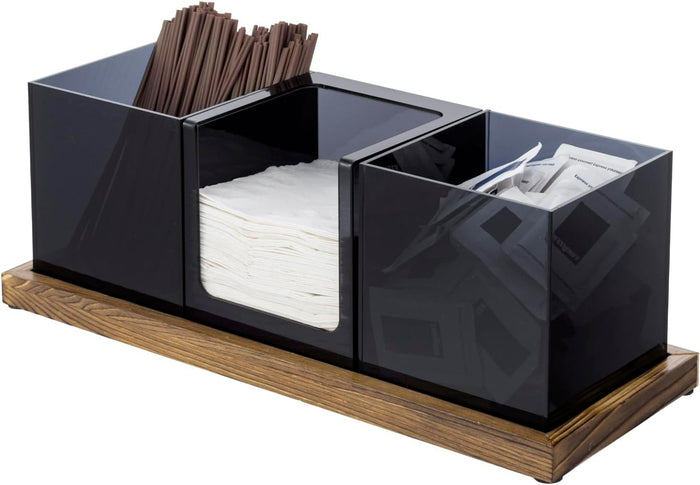 MyGift Coffee Organizer, Modern Acrylic Coffee and Tea Organizer with 3 Removable Premium Translucent Black Acrylic Compartments and Rustic Burnt Solid Wood Decorative Tray, 4 Piece Set