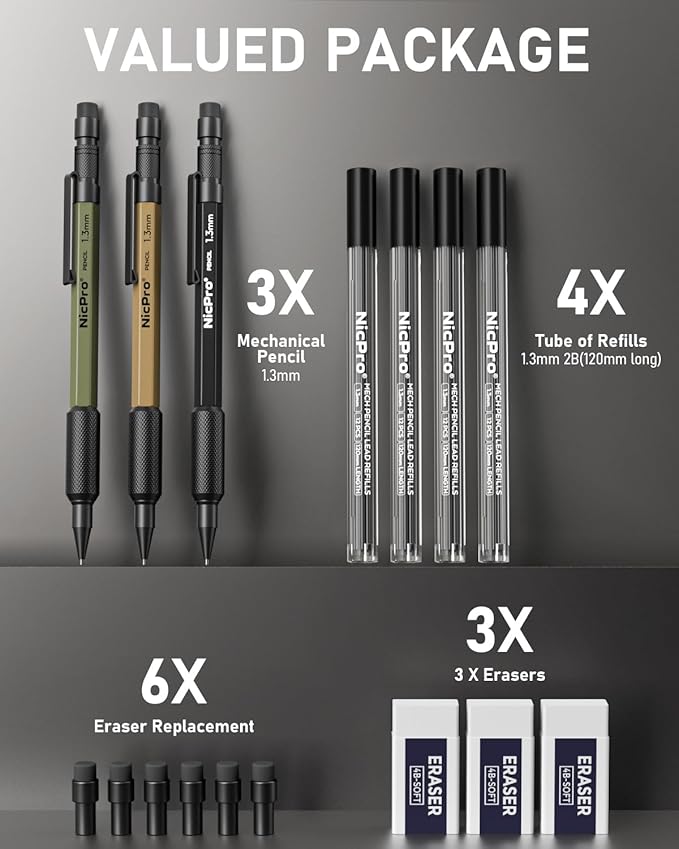 Nicpro 3 PCS 1.3 mm Mechanical Pencil Set 3 Colors - Image 6