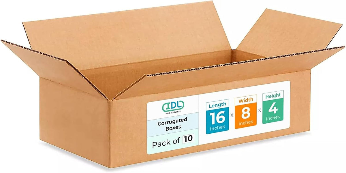 IDL Packaging - B-1684-10 Small Corrugated Shipping Boxes 16"L x 8”W x 4"H -