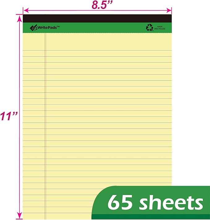 KAISA Yellow Legal Pads Writing Pads Recycled Paper 8.5"x11.75" Wide Ruled - Image 3