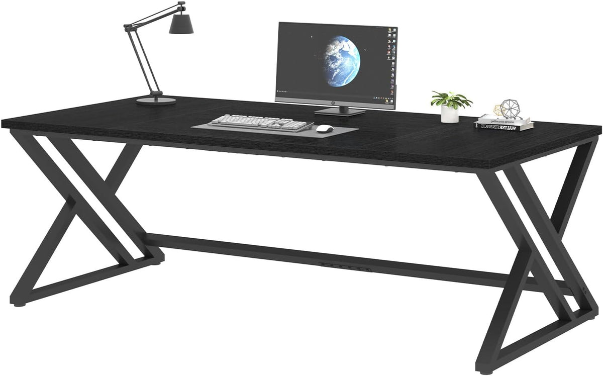 lvb 78.7" black computer desk, large industrial pc, front angle view