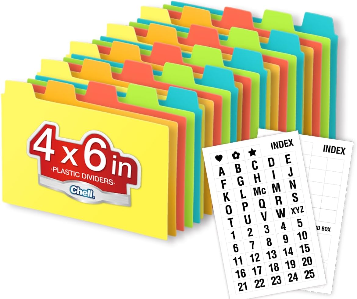 Chell 4"x6" Plastic Index Card Dividers, Primary Colors, 25 Pack | Heavyweight, A-Z, Made of Polypropylene, Alphabetical Stickers, Blank Stickers