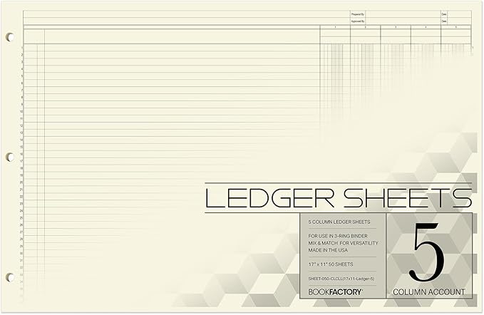 BookFactory Ledger Sheets/Large 5 Column Accounting Ledger Columnar Loose Leaf by BookFactory